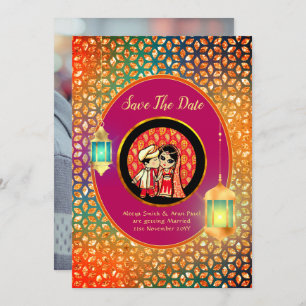 Cute Indian Cartoon Couple Save The Date ADD PHOTO Invitation