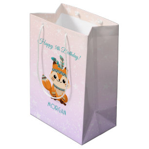 Cute Indian Fox, Name Any Birthday Stars Pale Pink Medium Gift Bag