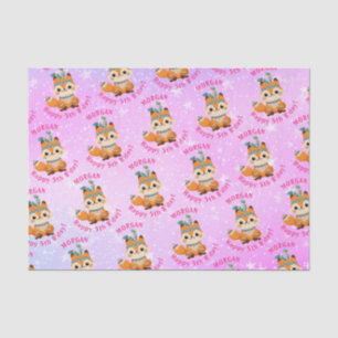 Cute Indian Fox, Name & Birthday, Pale Pink, Stars Tissue Paper