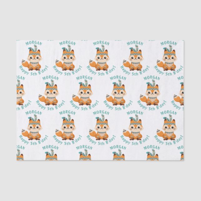 Cute Indian Fox, Personalise Name & Birthday Tissue Paper (Front)
