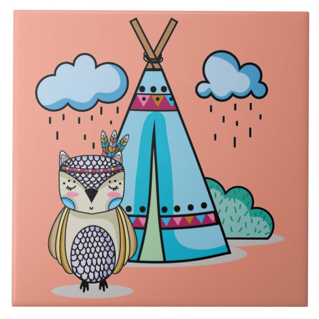 Cute Indian Owl Ceramic Tile (Front)
