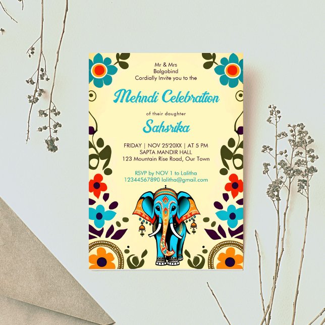 Cute Indian wedding elephant mehndi template (Cute Indian wedding cute elephant Mehndi editable template invitation digital download groovy retro)