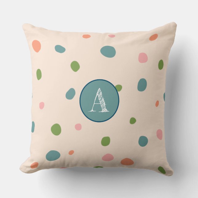 Cute initial monogram pink background polka dots cushion (Front)