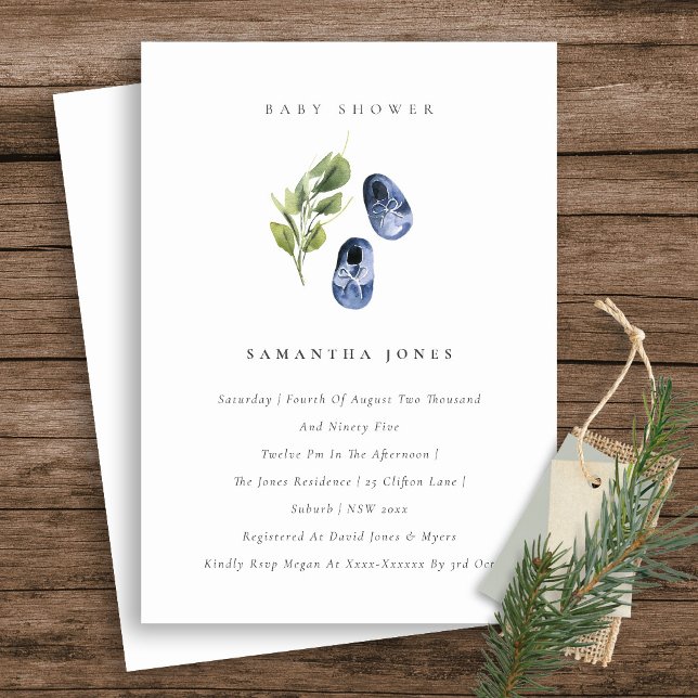 Cute Ink Blue Shoes Foliage Boy Baby Shower Invitation (Creator Uploaded)