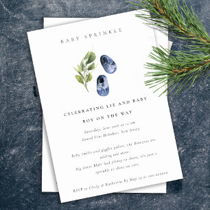 Cute Ink Blue Shoes Foliage Boy Baby Sprinkle Invitation