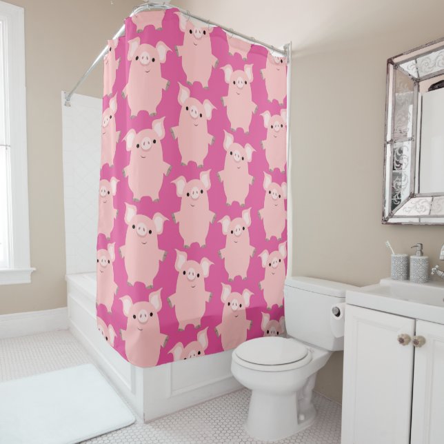 Cute Inquisitive Cartoon Pigs Shower Curtain (In Situ)