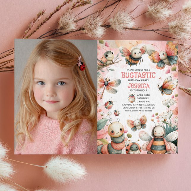 Cute Insects Bugtastic Girl Kids Photo Birthday Invitation (Creator Uploaded)