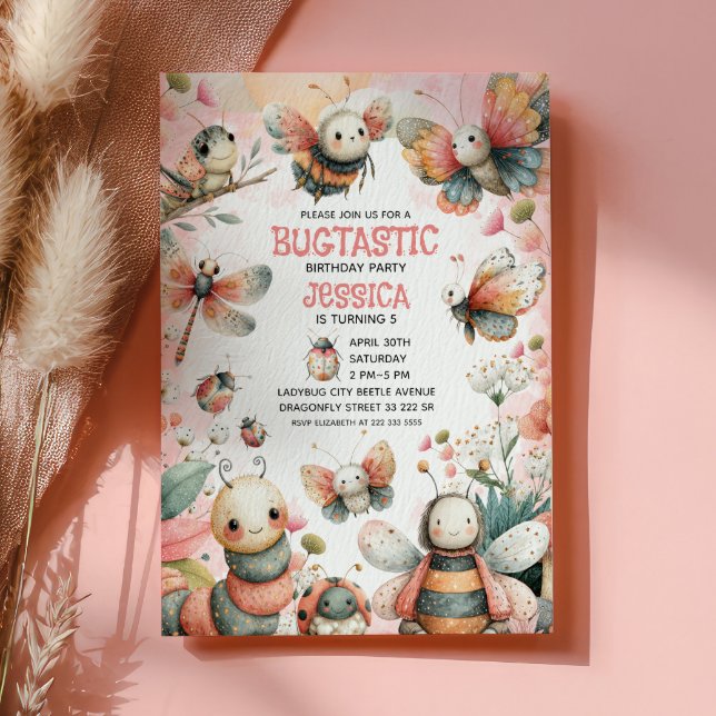 Cute Insects Bugtastic Pink Girl Kids Birthday Invitation (Creator Uploaded)