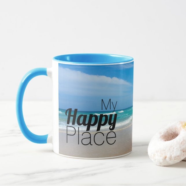 Cute Inspirational Beach Lovers My Happy Place Mug (With Donut)