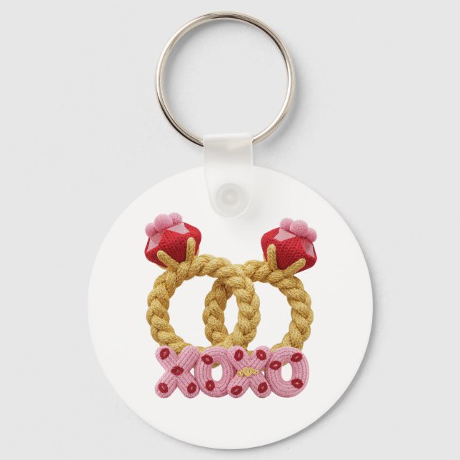 Cute intertwined knitted wedding rings with pink  key ring (Front)