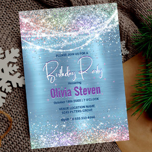 Cute iridescen ice blue faux glitter monogram invitation