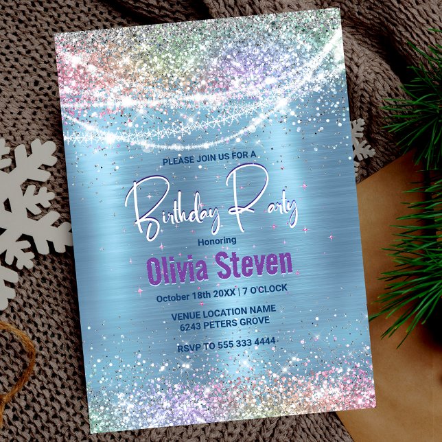 Cute iridescen ice blue faux glitter monogram invitation (Creator Uploaded)