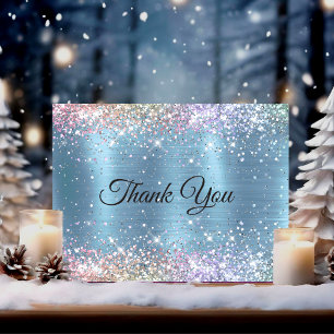 Cute iridescen ice blue faux glitter monogram thank you card