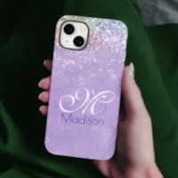 Cute iridescen lilac purple faux glitter monogram