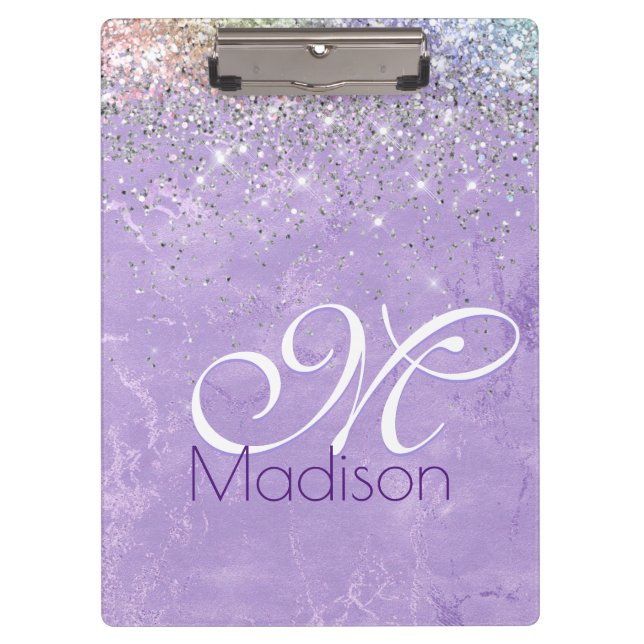 Cute iridescen lilac purple faux glitter monogram clipboard (Front)