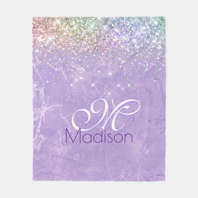 Cute iridescen lilac purple faux glitter monogram fleece blanket (Front)