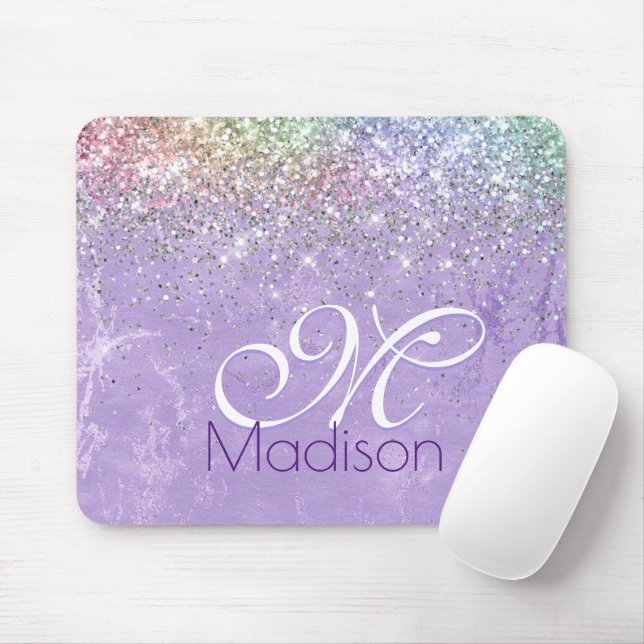 Cute iridescen lilac purple faux glitter monogram mouse pad (With Mouse)