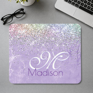 Cute iridescen lilac purple faux glitter monogram mouse pad