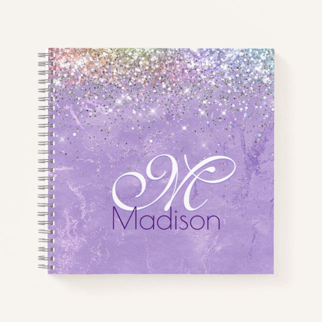 Cute iridescen lilac purple faux glitter monogram notebook (Front)