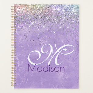 Cute iridescen lilac purple faux glitter monogram planner