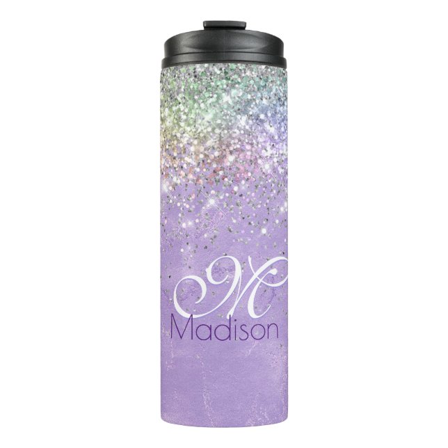Cute iridescen lilac purple faux glitter monogram thermal tumbler (Front)