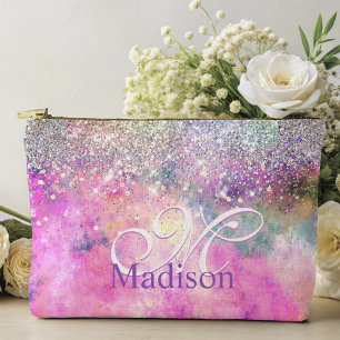 Cute iridescen silver faux glitter monogram  accessory pouch