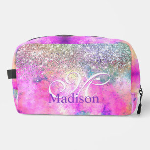 Cute iridescen silver faux glitter monogram dopp kit