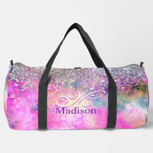 Cute iridescen silver faux glitter monogram duffle bag