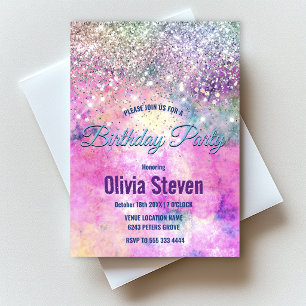 Cute iridescen silver faux glitter monogram invitation