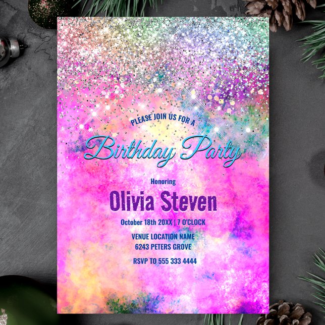 Cute iridescen silver faux glitter monogram invitation (Creator Uploaded)