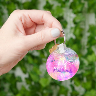 Cute iridescen silver faux glitter monogram notebo key ring
