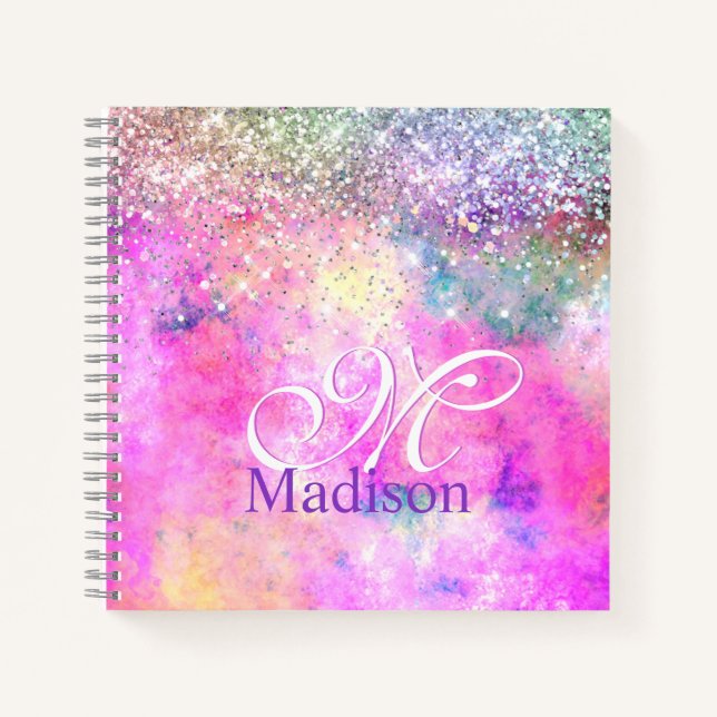 Cute iridescen silver faux glitter monogram notebo notebook (Front)