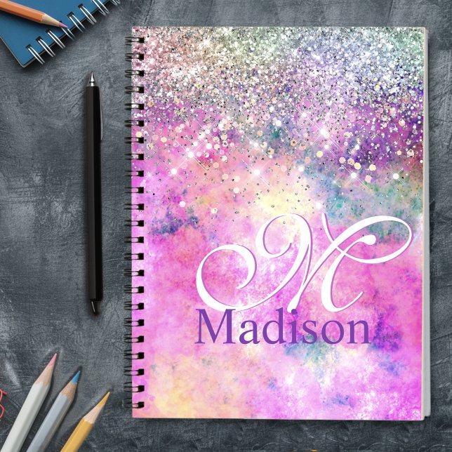 Cute iridescen silver faux glitter monogram notebo notebook (Creator Uploaded)