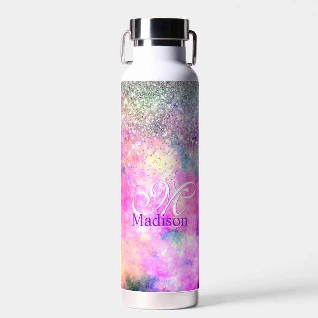 Cute iridescen silver faux glitter monogram notebo water bottle (Front)