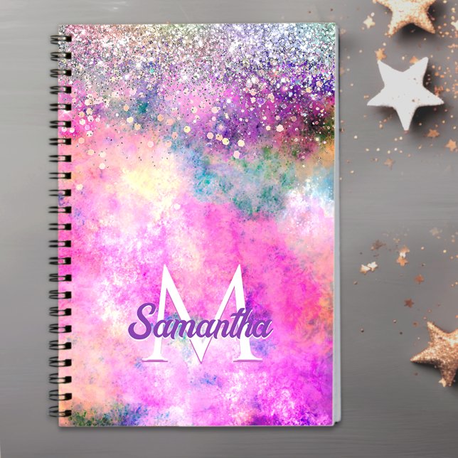 Cute iridescen silver faux glitter monogram notebook (Creator Uploaded)