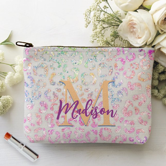 Cute iridescent Animal print glitter monogram Accessory Pouch (Creator Uploaded)