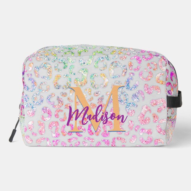 Cute iridescent Animal print glitter monogram Dopp Kit (Back)