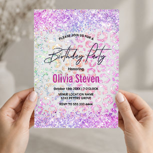 Cute iridescent Animal print glitter monogram Invitation