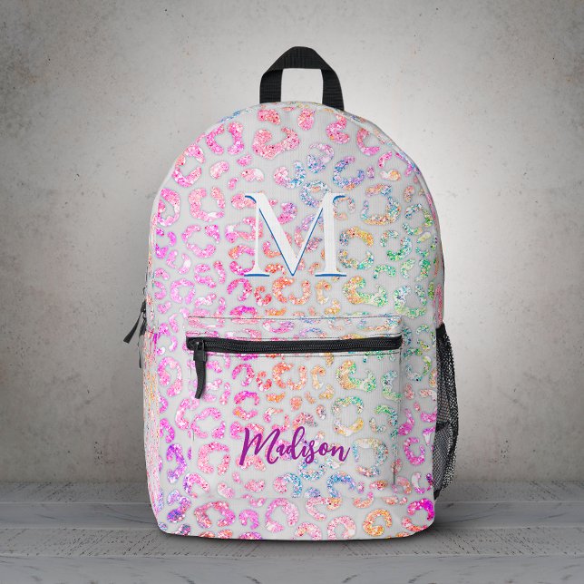 Cute iridescent Animal print glitter monogram Printed Backpack (Creator Uploaded)