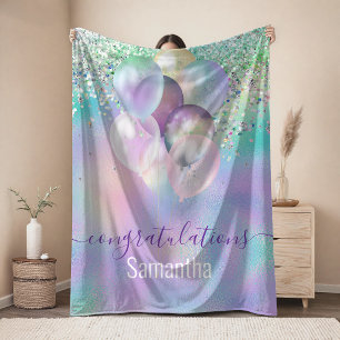 Cute iridescent blue glitter ballons monogram fleece blanket