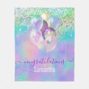 Cute iridescent blue glitter ballons monogram fleece blanket