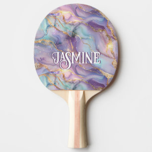 Cute Iridescent Blue Purple Gold Marble Monogram Ping Pong Paddle