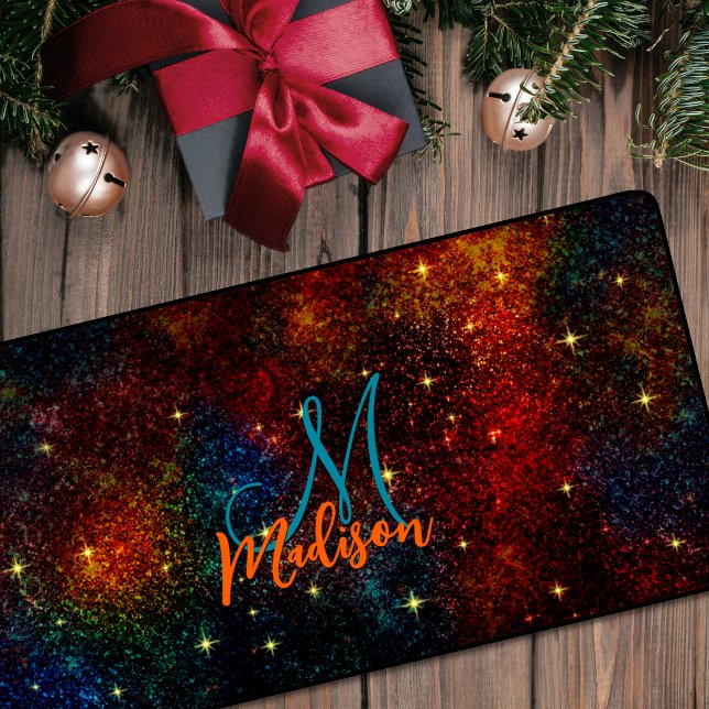 Cute iridescent colourful faux glitter monogram desk mat (Creator Uploaded)