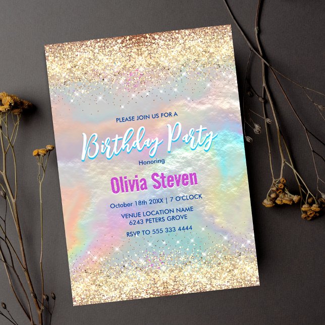 Cute iridescent faux gold glitter invitation (Creator Uploaded)