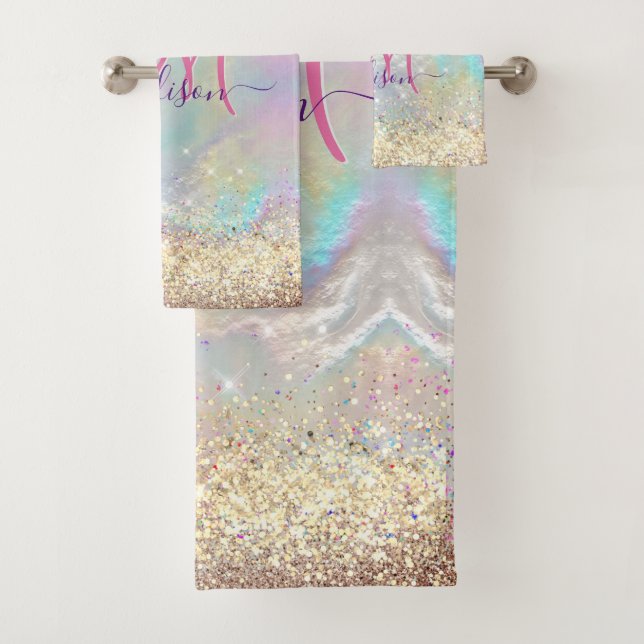 Cute iridescent faux gold glitter monogram bath towel set (Insitu)