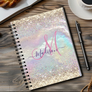 Cute iridescent faux gold glitter monogram notebook