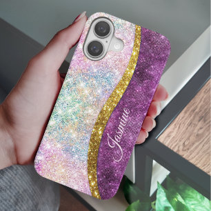 Cute iridescent fuchsia gold faux glitter monogram iPhone 16 case