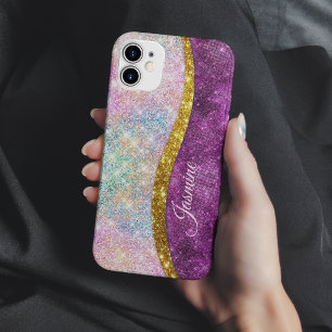 Cute iridescent fuchsia gold faux glitter monogram iPhone 13 case