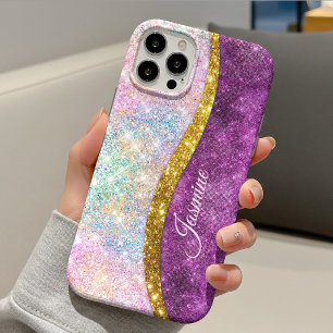 Cute iridescent fuchsia gold faux glitter monogram Case-Mate iPhone 14 case
