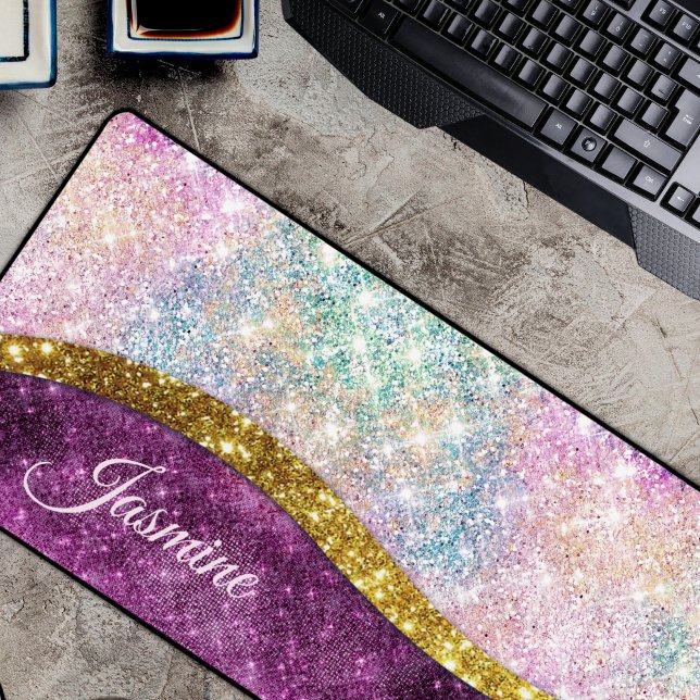 Cute iridescent fuchsia gold faux glitter monogram desk mat (Creator Uploaded)